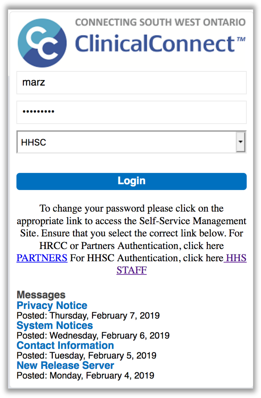 Image of the ClinicalConnect login page