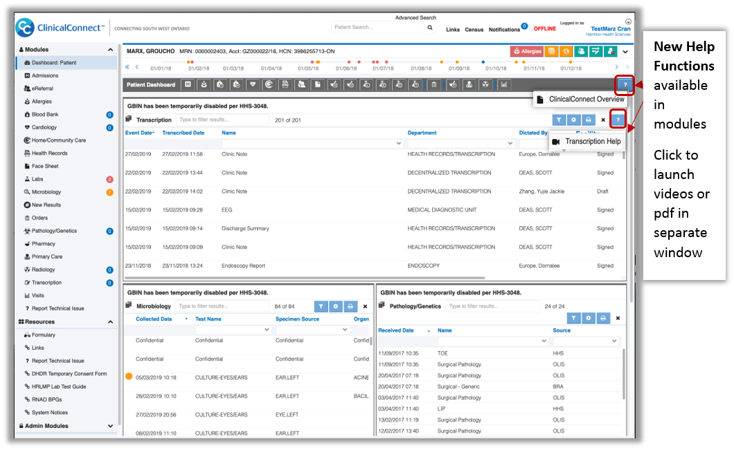 Image of clinical connects help function that brings up videos and PDFs