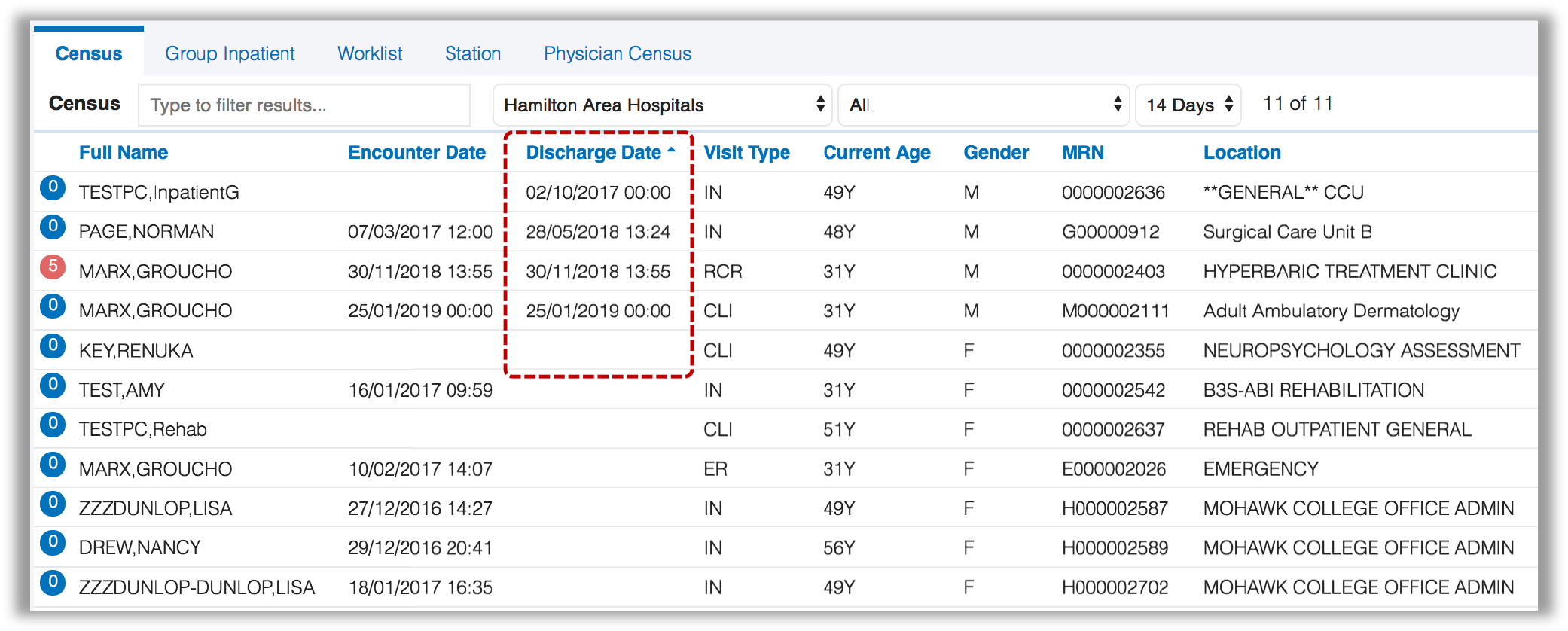 Image showing how to search for the discharge date for the patient list