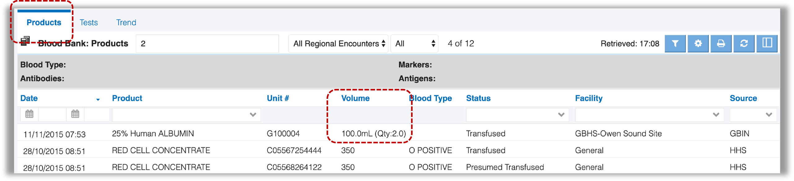 Image showing key features of blood bank module tab