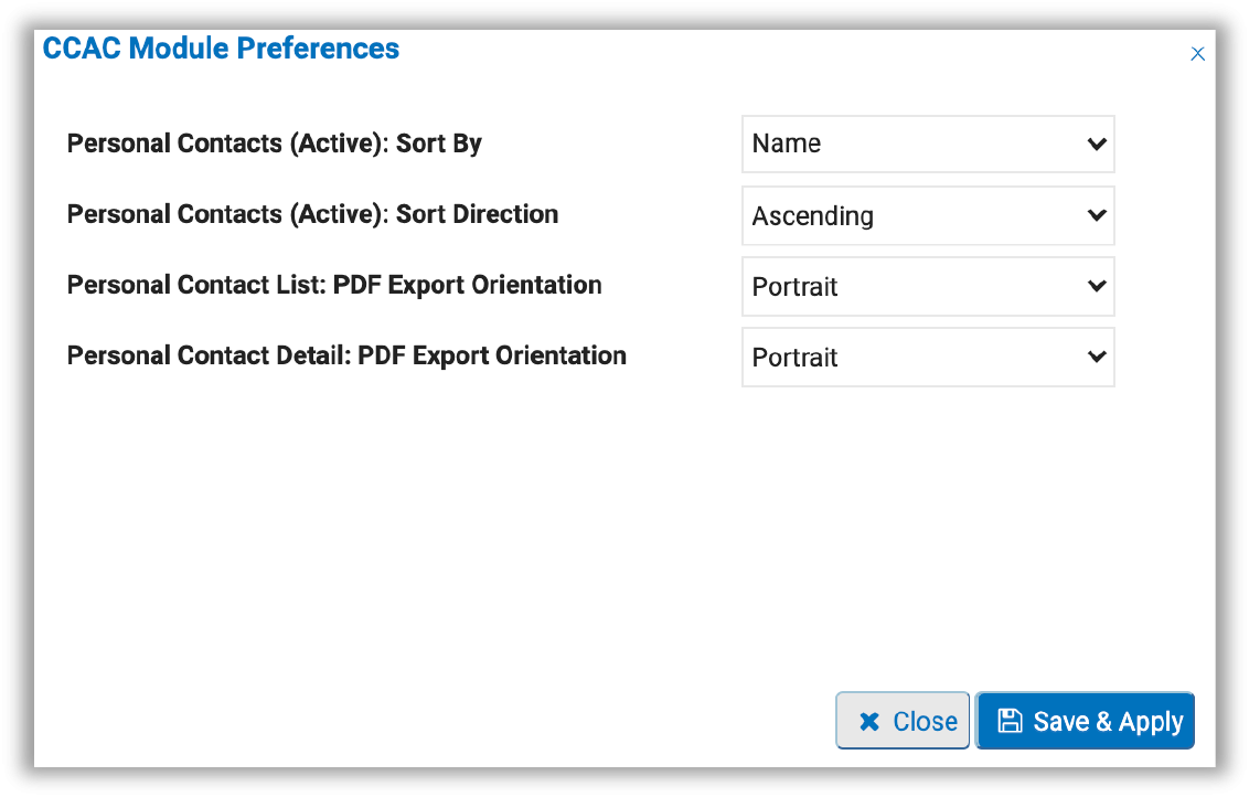 Image of Personal Contact list preferences