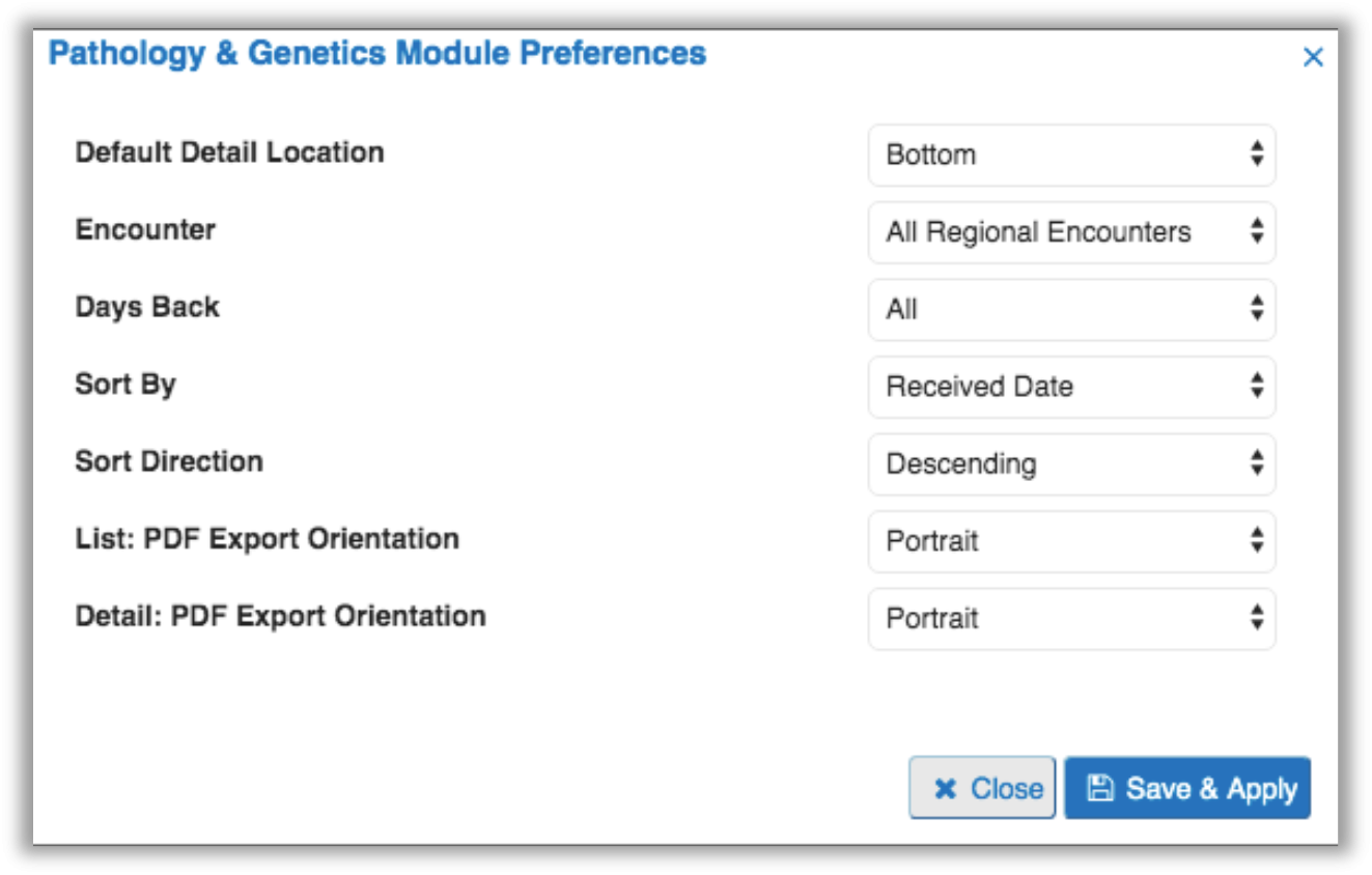 Image of pathology and genetics preference tab